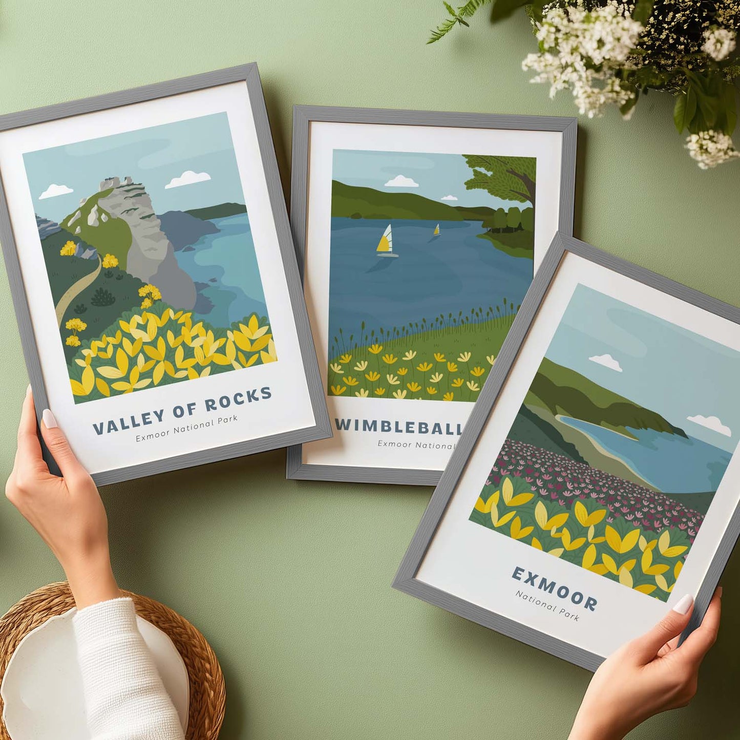 Another 3 prints available in the Exmoor National Park series. These are Valley of Rocks, Wimbleball Lake and Exmoor. These are shown in A4 frames on a green surface.