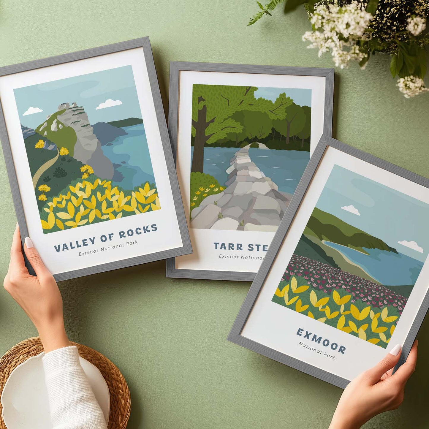 Another 3 prints available in the Exmoor National Park series. These are Valley of Rocks, Tarr Steps and Exmoor. These are shown in A4 frames on a green surface.