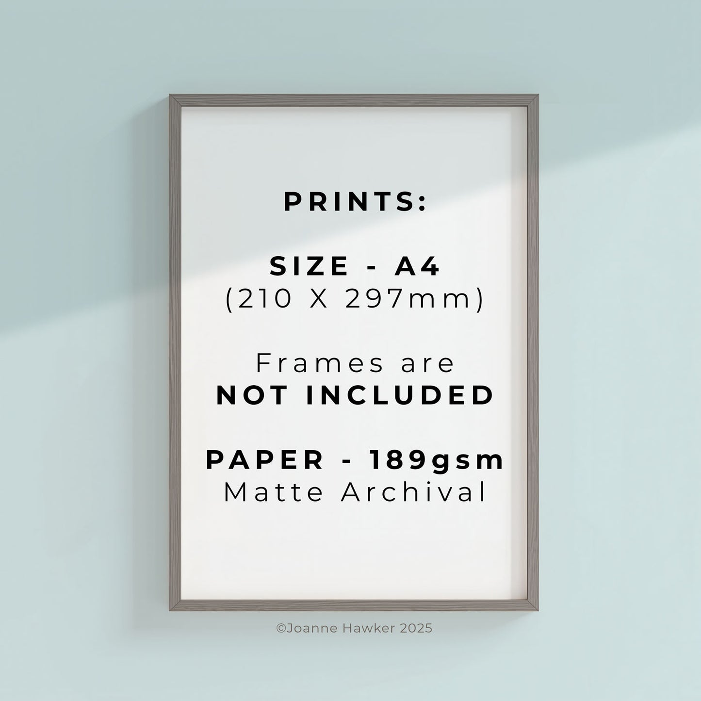 Framed print with text about print size, paper type, and the important fact that frames are not included with this print.