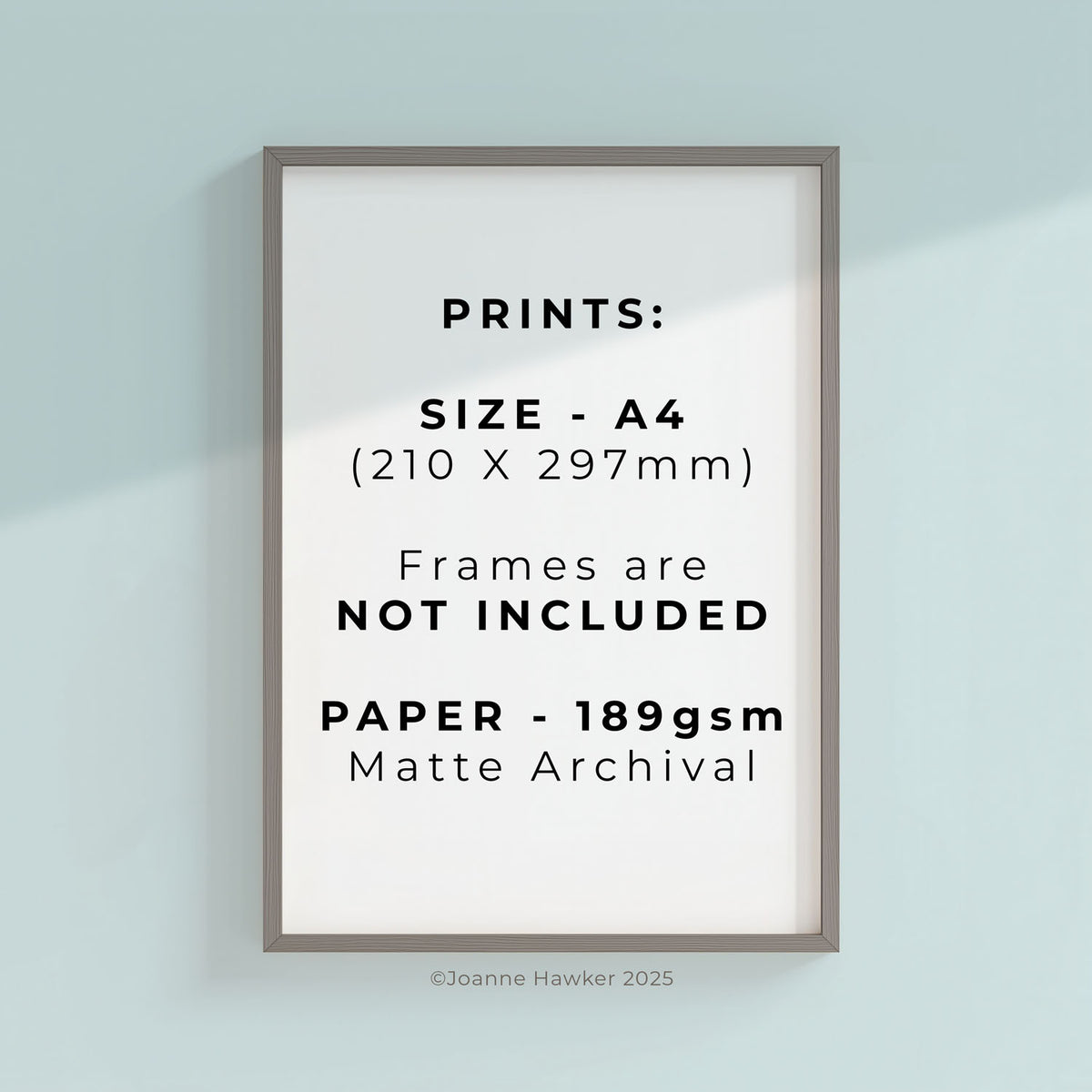 Framed print with text about print size, paper type, and the important fact that frames are not included with this print.