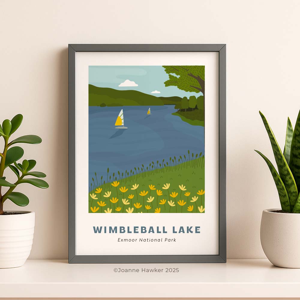 Framed, illustrated print of Wimbleball Lake in Exmoor National Park on a wall with plants.