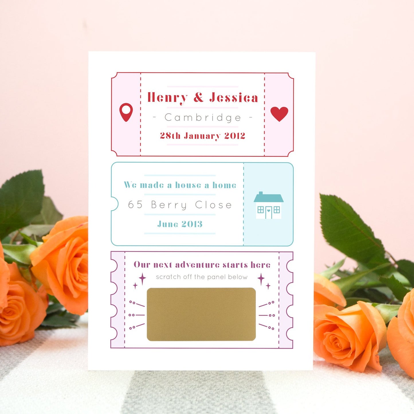 A personalised baby due date announcement card by Joanne Hawker featuring life special milestones! The baby due date announcement is hidden by a gold panel before it is scratched off.