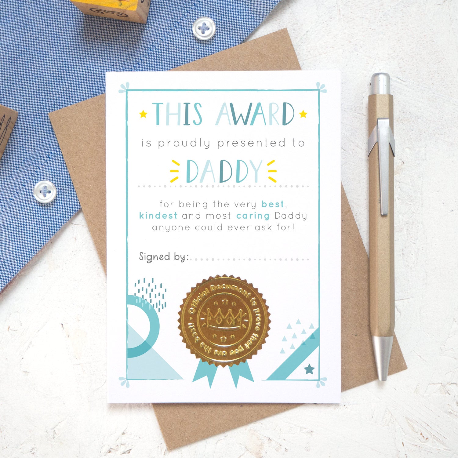 A best daddy certificate card featuring text in varying tones of blue and pops of yellow. There is also a gold, shiny, seal at the bottom of the award to make it an official certificate!