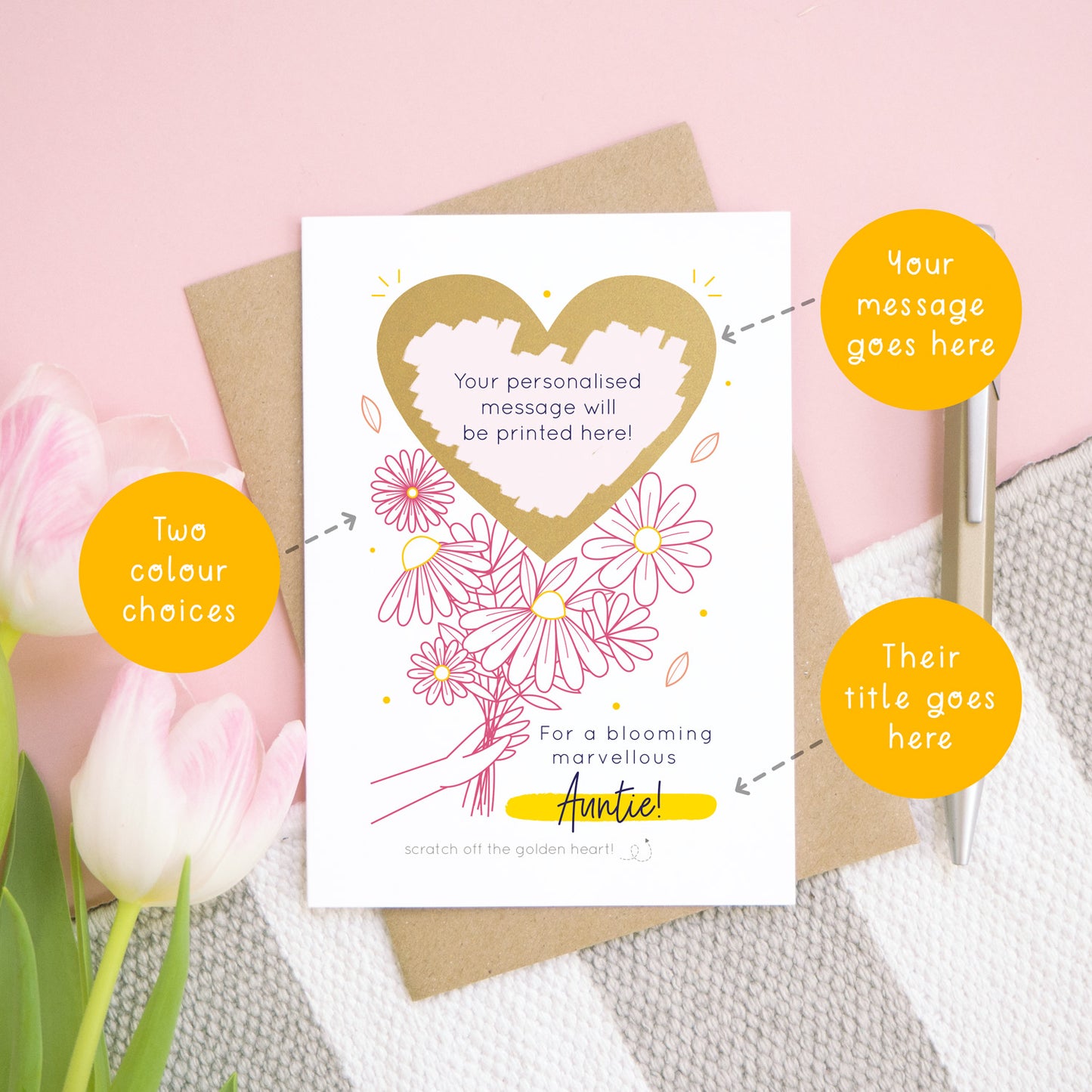 A personalised blooming marvellous scratch card lying flat on top of its kraft brown envelope on a pink, white and grey background. There are pink tulips to the left and a pen to the right for scale. The orange circles show areas of the card that can be changed. These are the two colour choices, your custom scratch off message and the title, e.g. mum, stepmum, auntie etc.