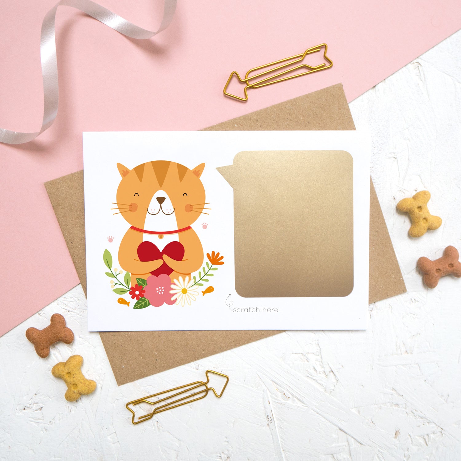 The personalised cat card once the golden scratch panel has been attached.