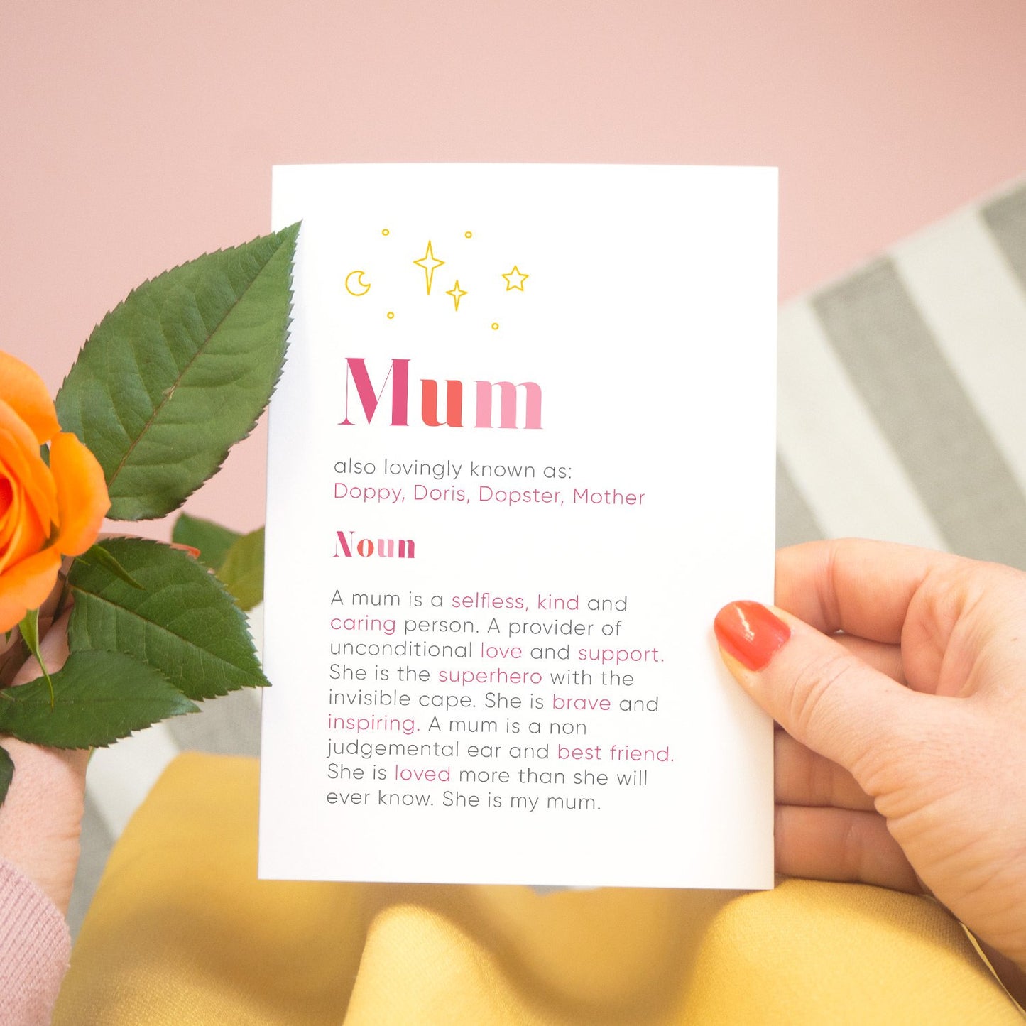 A personalised mum dictionary definition card by Joanne Hawker featuring personalised nicknames and a definition tailored to your mum!