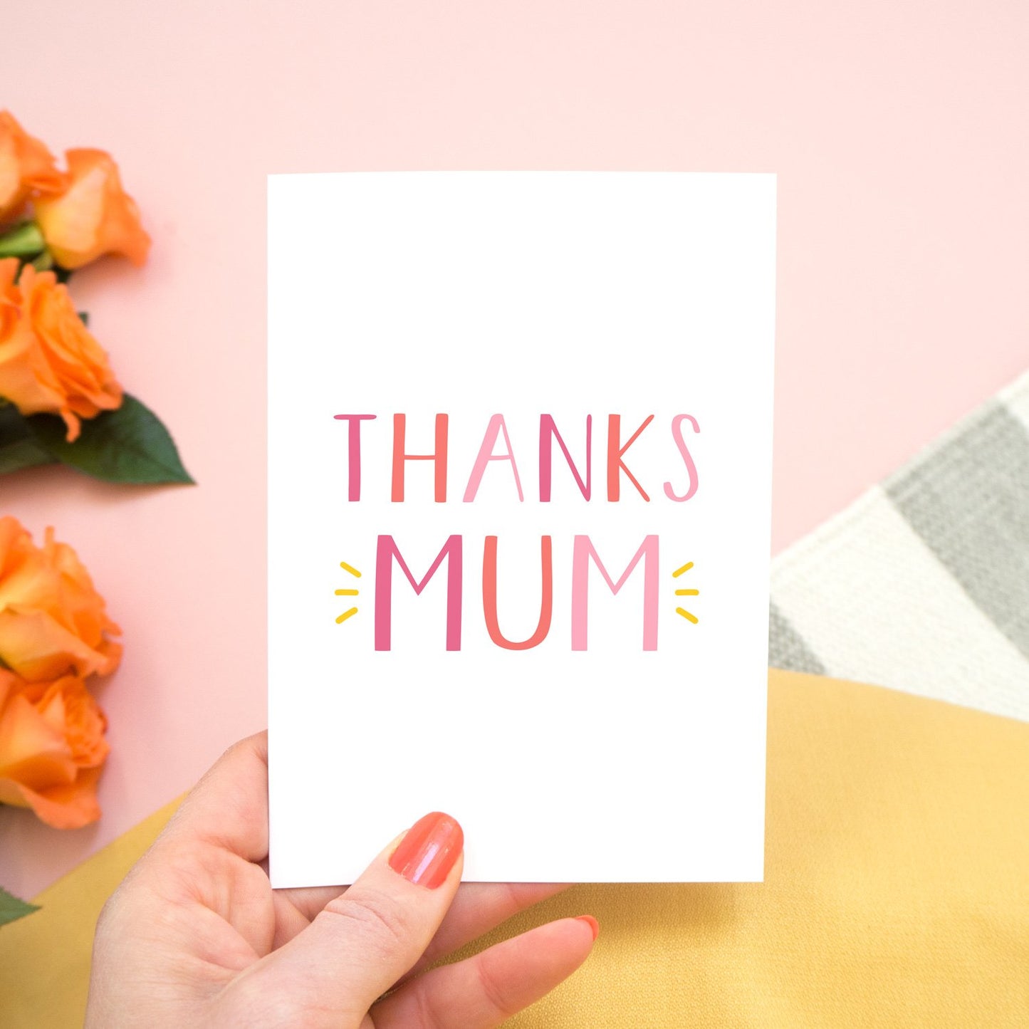 Thanks Mum - a simple typographic card in varying tones of pink with a pop of yellow. Designed and made by Joanne Hawker