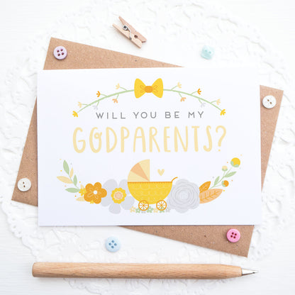 Will you be my Godparents card in yellow and orange