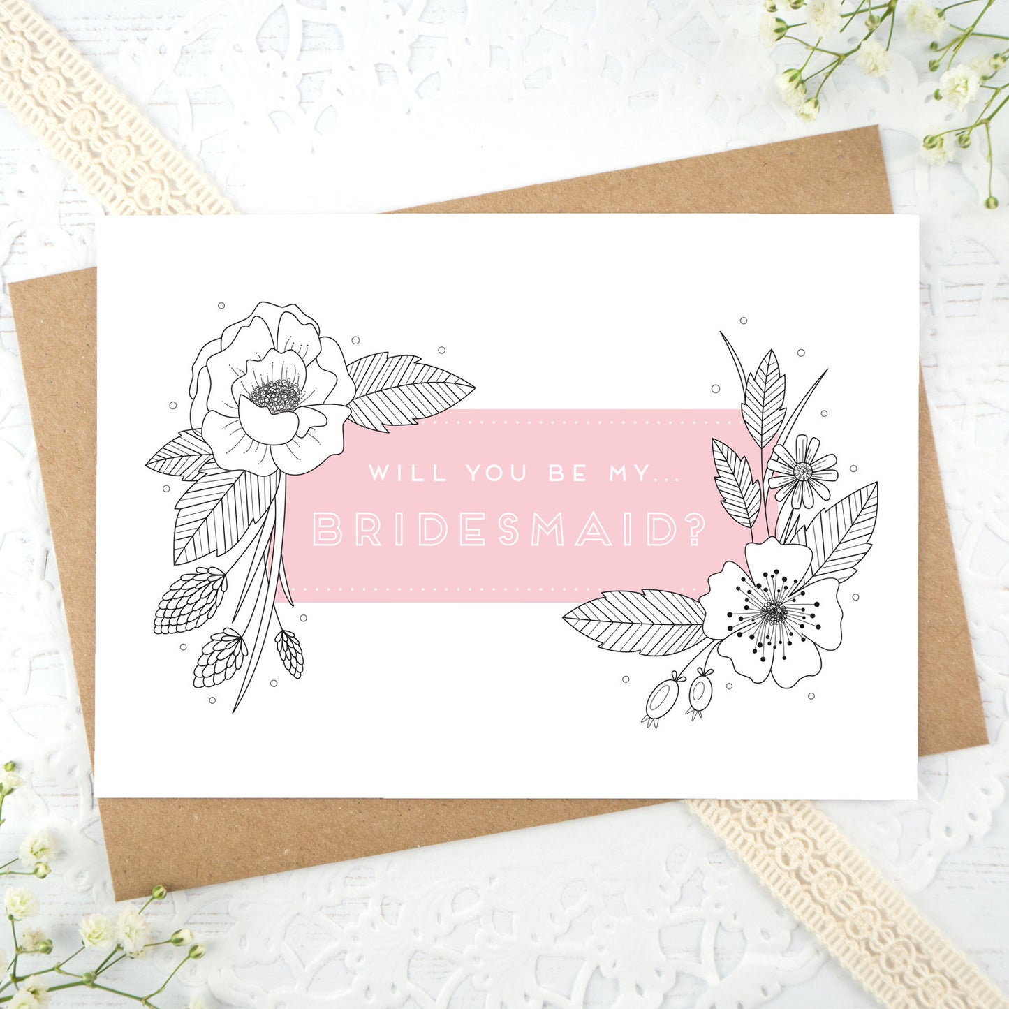 A floral outline, will you be my bridesmaid card in pink