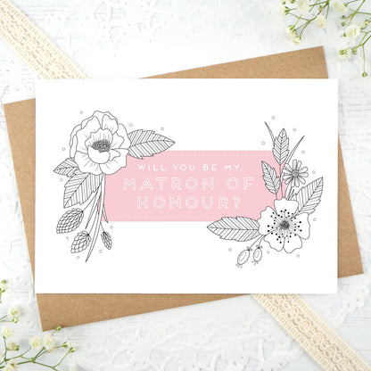 A floral outline, will you be my Maid of Honour card in pink