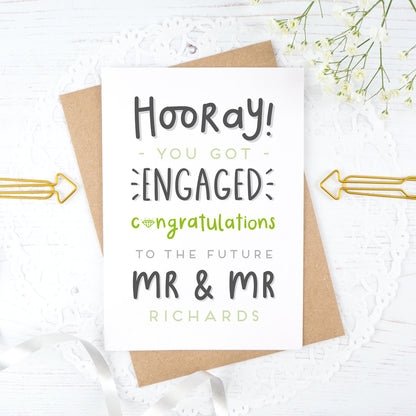 Hooray you got engaged! - Personalised Mr & Mr engagement card in green