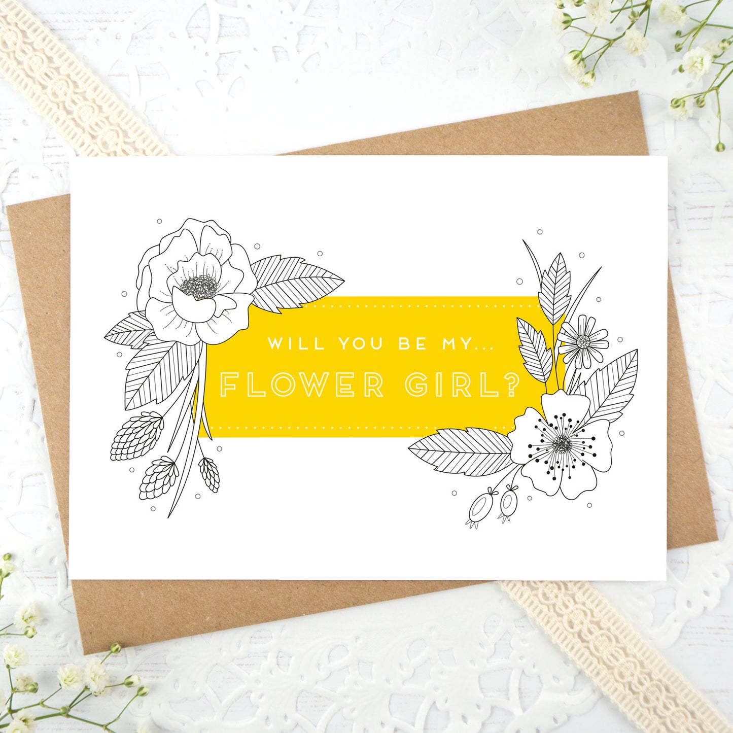 A floral outline, will you be my flower girl card in yellow