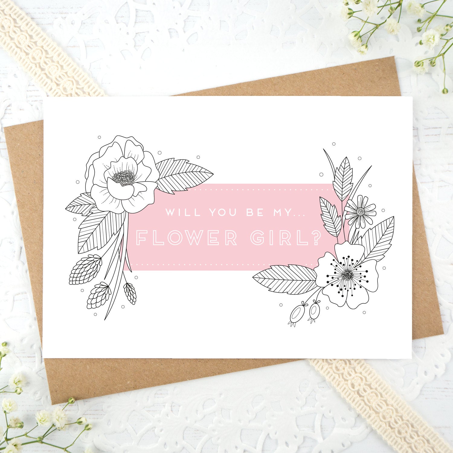 A floral outline, will you be my flower girl card in pink