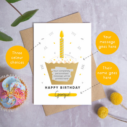 The birthday cake scratch card lying down top of a kraft brown envelope on a grey background surrounded by leaves, a pen and circles explaining the various points of that card that can be personalised. The card features a cupcake with a yellow and grey candle, confetti and still has the gold scratch panel has been scratched to reveal the secret message.