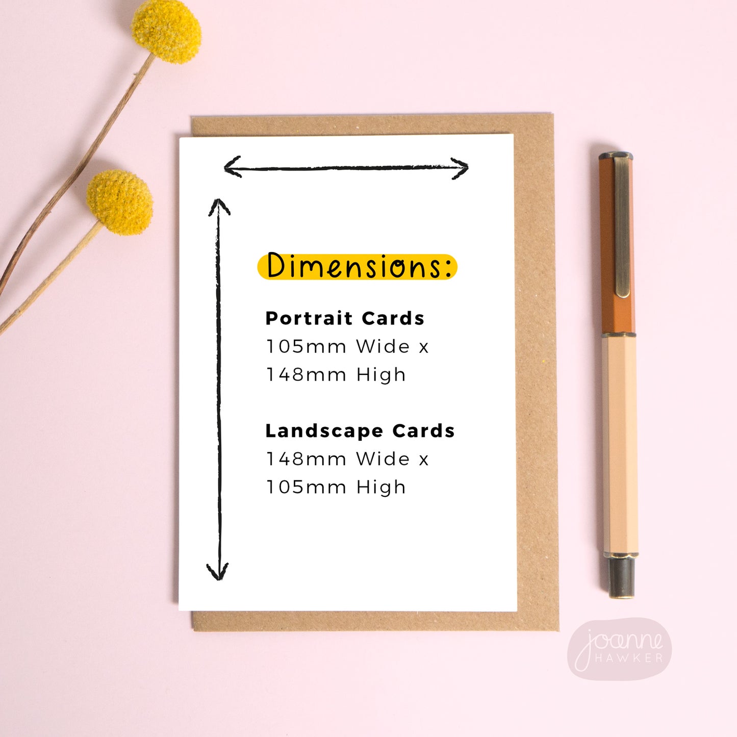 An image showing the dimensions of portrait and landscape cards. These are the dimensions for A6 paper size. Photographed on a pink background.