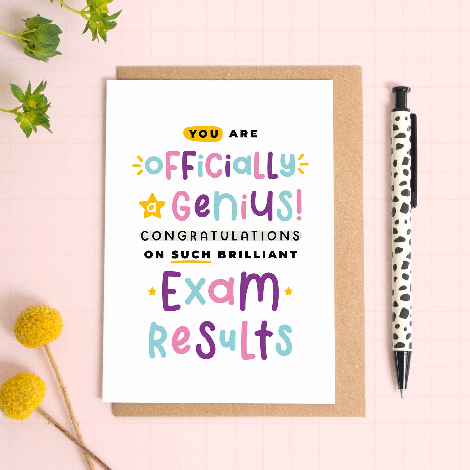 An exam results congratulations card for someone who has just received brilliant exam results. This card has been photographed on top of the Kraft brown envelope that it comes with and on top of a pink background. There is foliage to the left and a pen on the right for scale. This is the pink, purple and blue version.