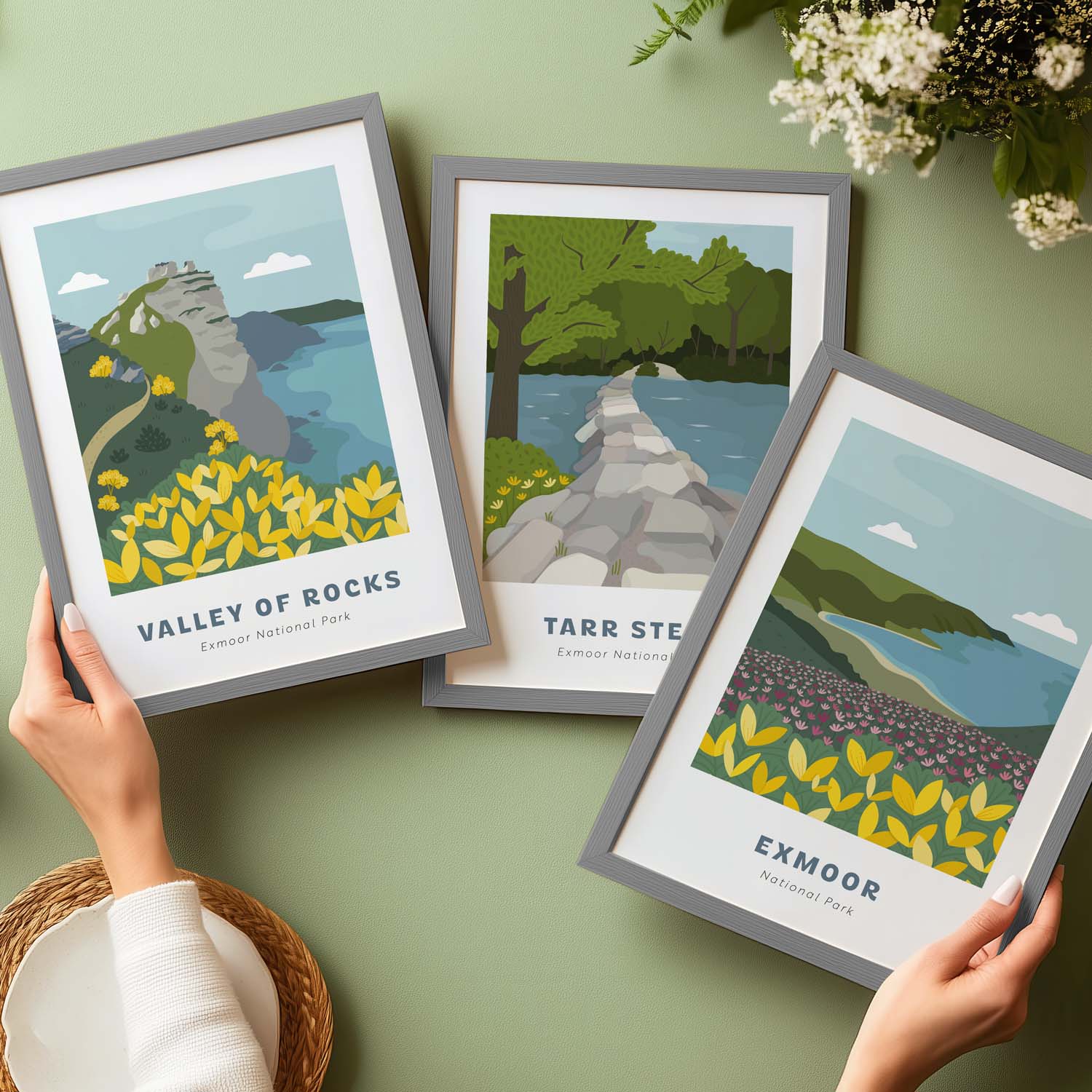Another 3 prints available in the Exmoor National Park series. These are Valley of Rocks, Tarr Steps and Exmoor. These are shown in A4 frames on a green surface.