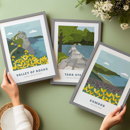 Another 3 prints available in the Exmoor National Park series. These are Valley of Rocks, Tarr Steps and Exmoor. These are shown in A4 frames on a green surface.