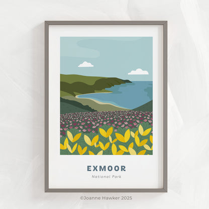 Exmoor National Park art print in a thin grey frame on a light grey background