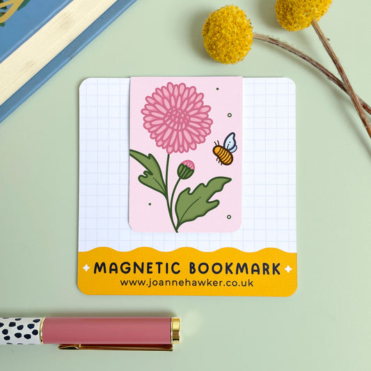 Magnetic bookmark with floral chrysanthemum design and bee illustration on a light green background