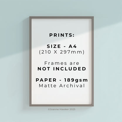 Framed print with text about print size, paper type, and the important fact that frames are not included with this print.