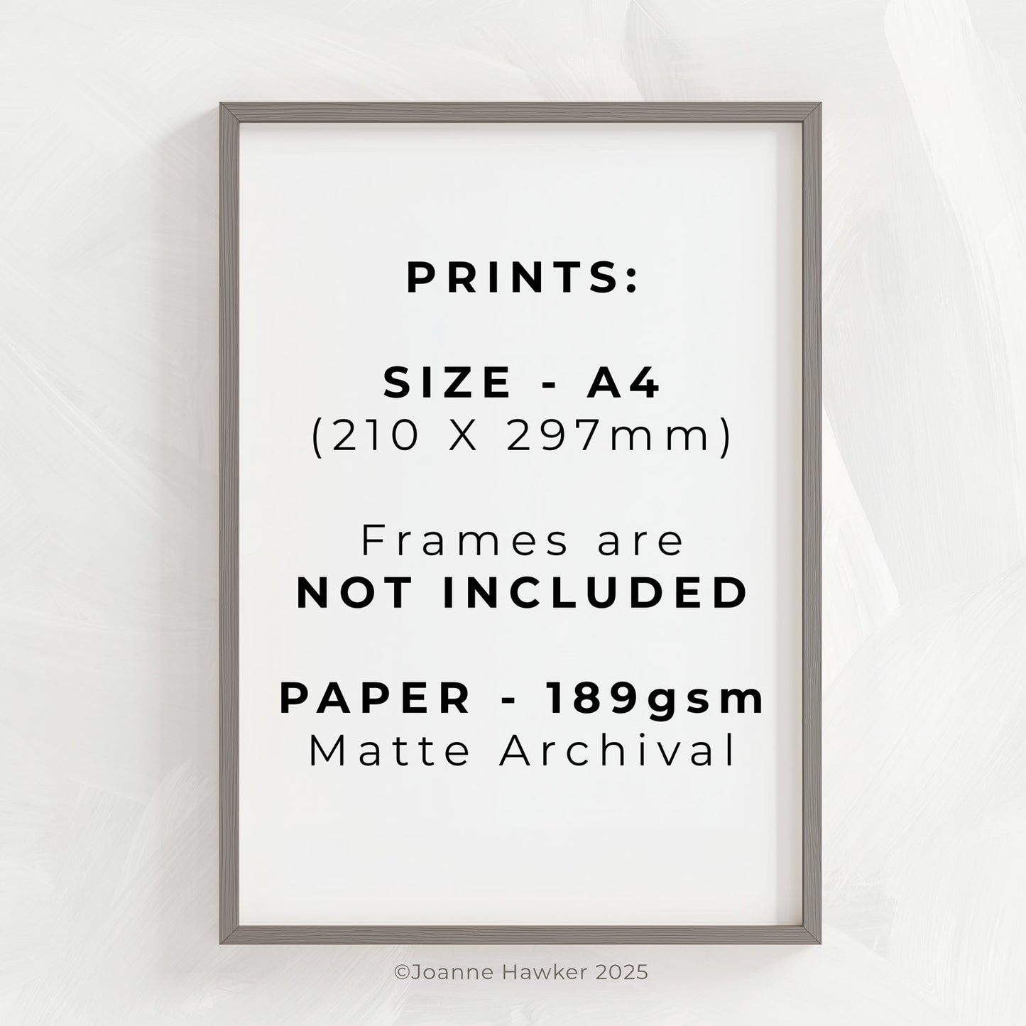 A grey photo frame giving the the A4 dimensions of the print and reiterating that photo frames are not included.