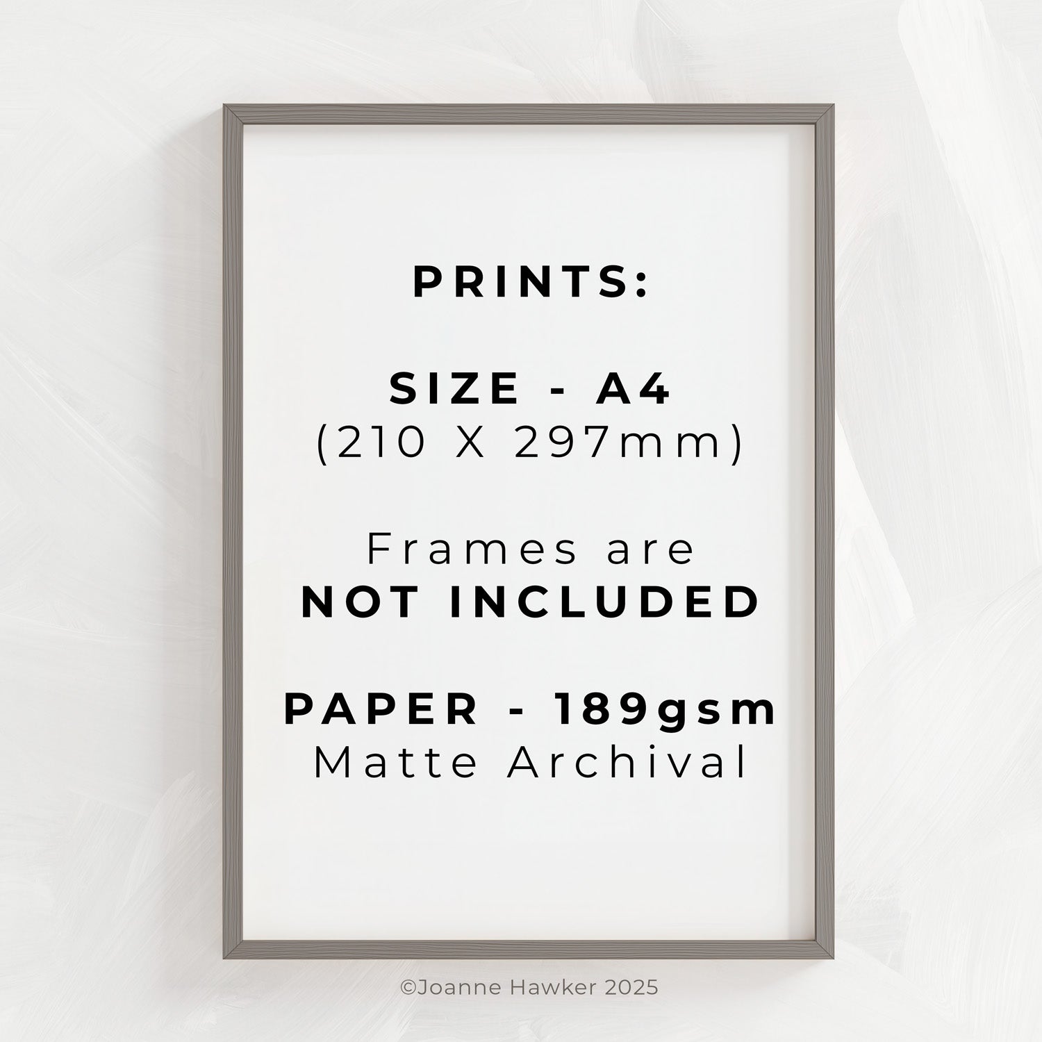 A grey photo frame giving the the A4 dimensions of the print and reiterating that photo frames are not included.