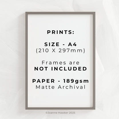 A grey photo frame giving the the A4 dimensions of the print and reiterating that photo frames are not included.