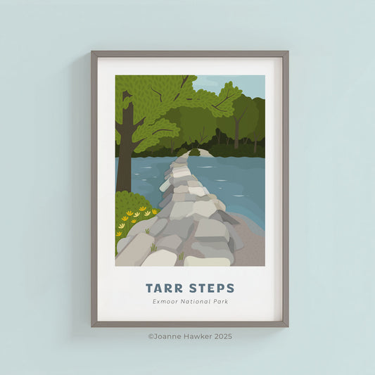 Framed artwork of Tarr Steps in Exmoor National Park on a light blue wall.