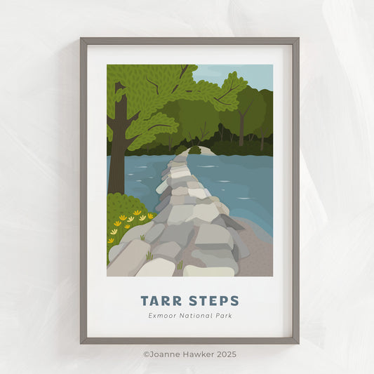 Tarr Steps, Exmoor National Park art print in a thin grey frame on a light grey background