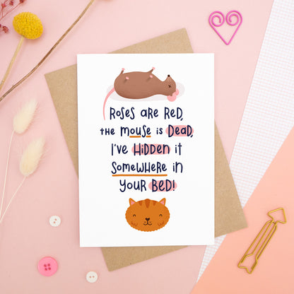 A Valentine’s ‘from the cat’ card featuring a ‘roses are red’ rhyme, photographed on a pink background with floral props, paper clips, and buttons. 
