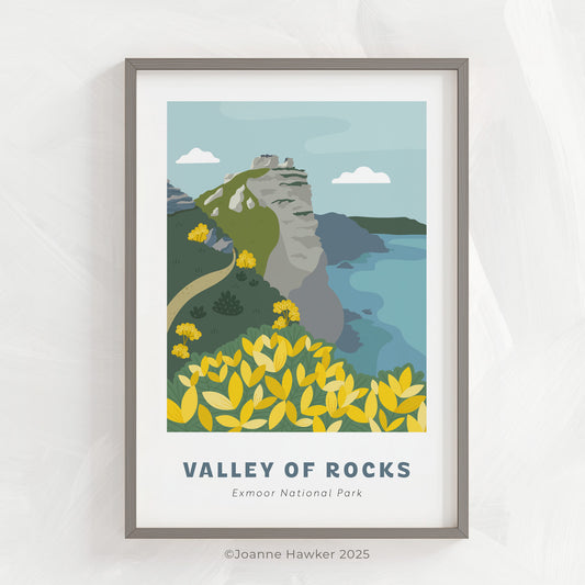 Valley of Rocks, Exmoor National Park art print in a thin grey frame on a light grey background