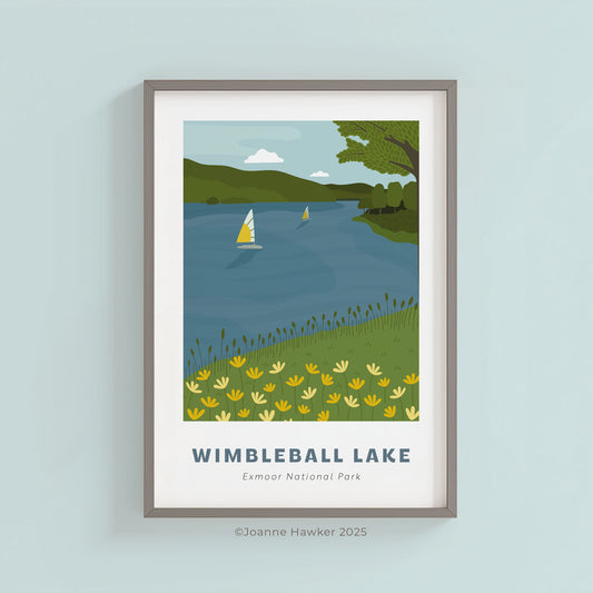 Framed artwork of Wimbleball Lake in Exmoor National Park on a light blue wall.