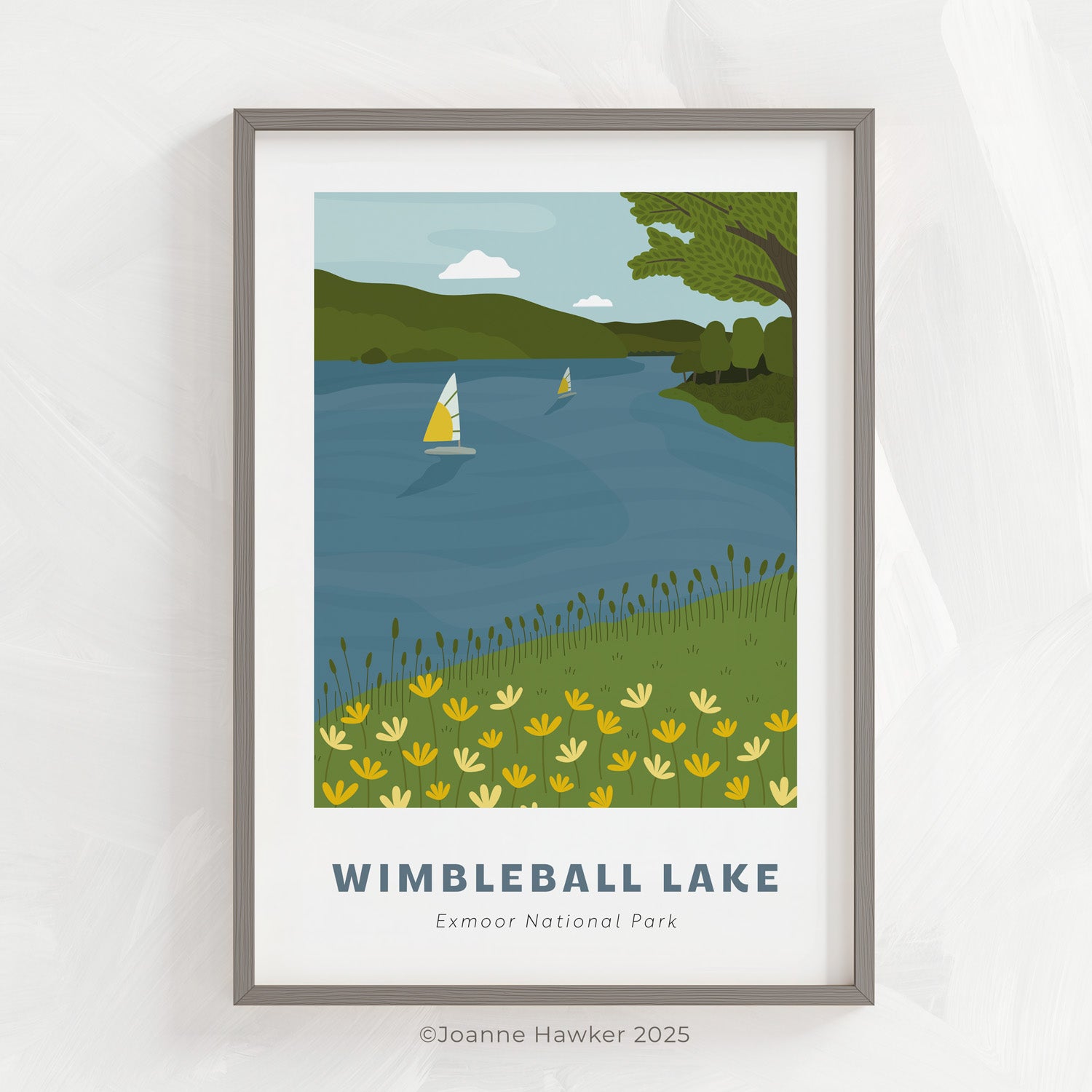 Wimbleball Lake, Exmoor National Park art print in a thin grey frame on a light grey background
