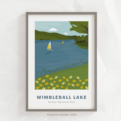 Wimbleball Lake, Exmoor National Park art print in a thin grey frame on a light grey background
