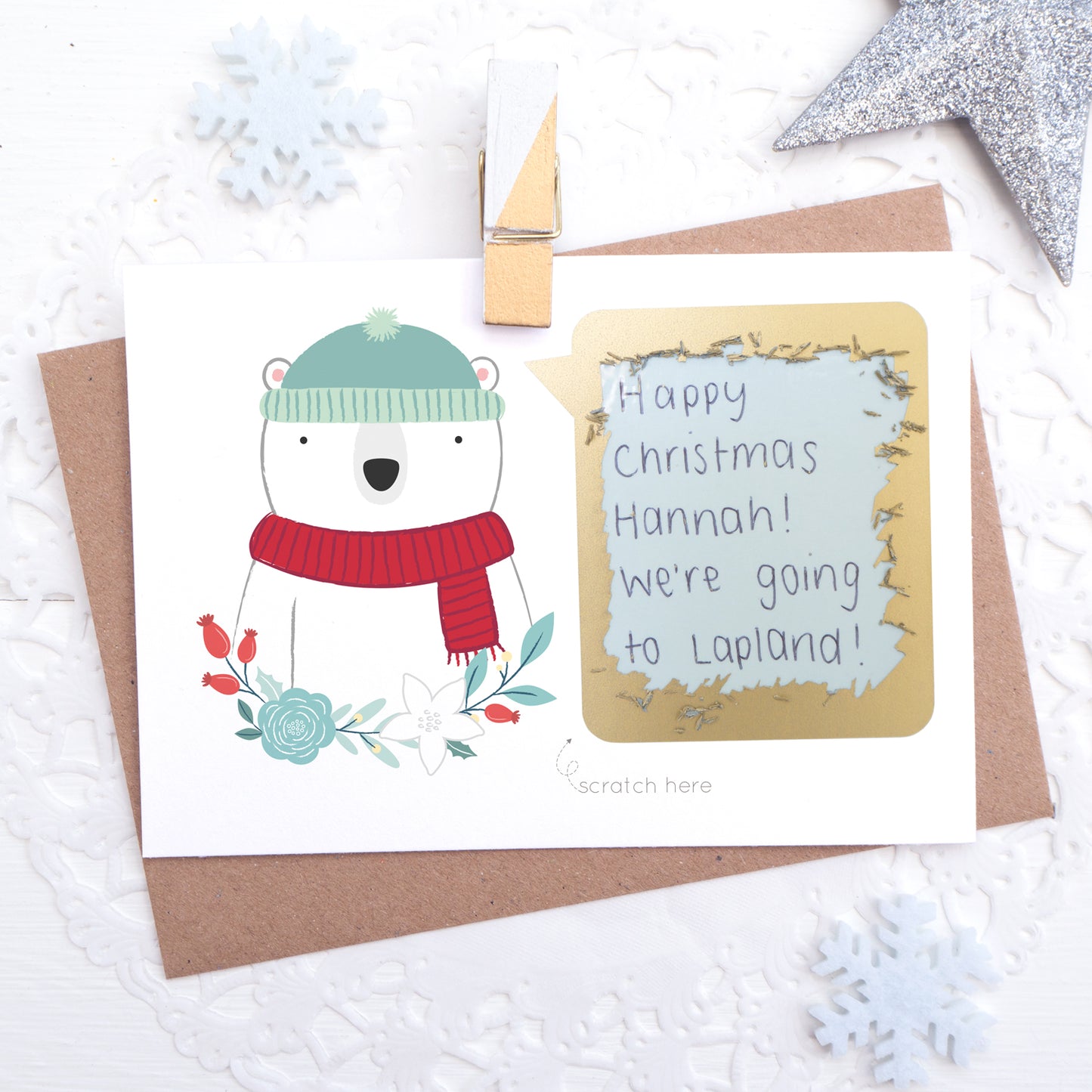 Personalised polar bear christmas message scratch and reveal card