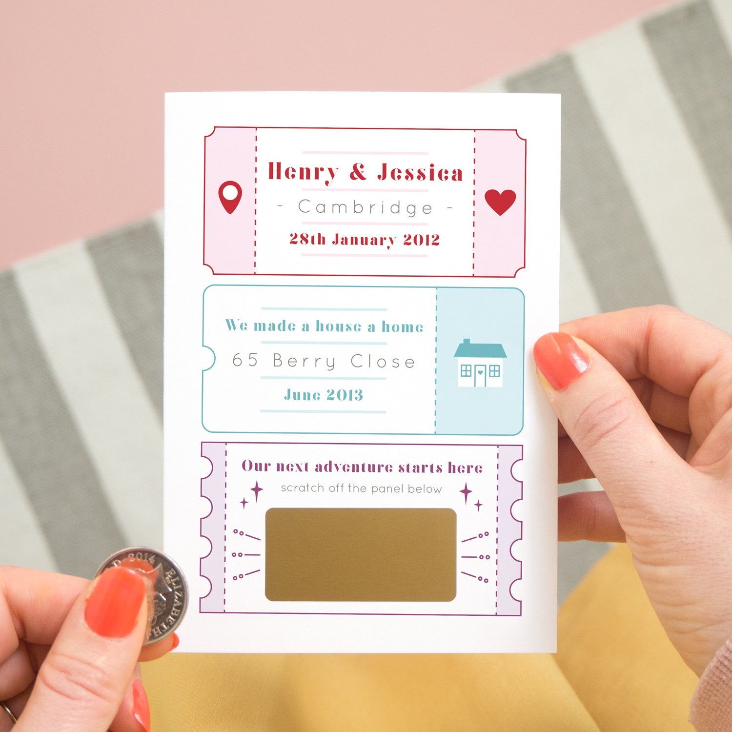A personalised baby due date announcement card by Joanne Hawker featuring life special milestones! The baby due date announcement is hidden by a gold panel before it is scratched off.