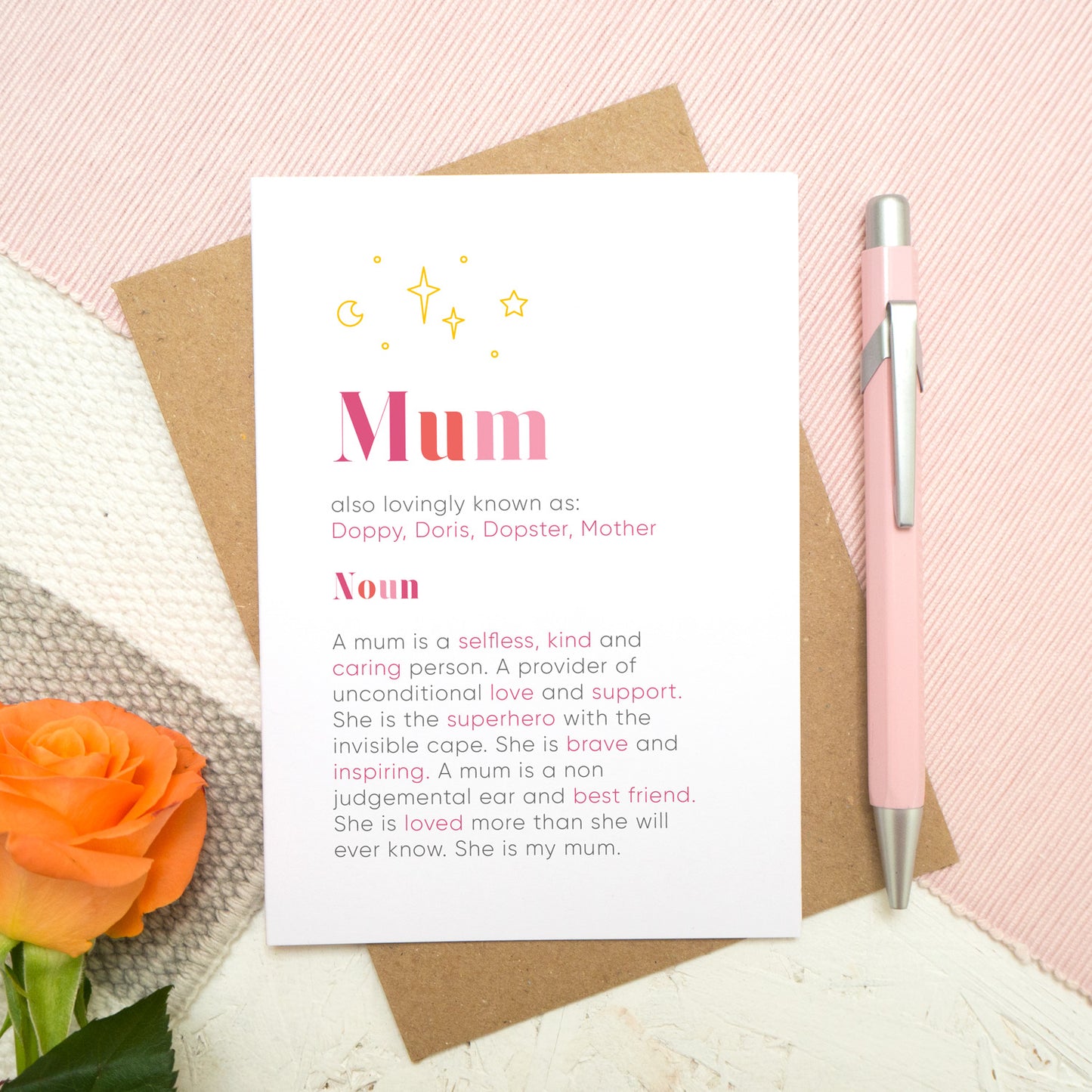 A personalised mum dictionary definition card by Joanne Hawker featuring personalised nicknames and a definition tailored to your mum!