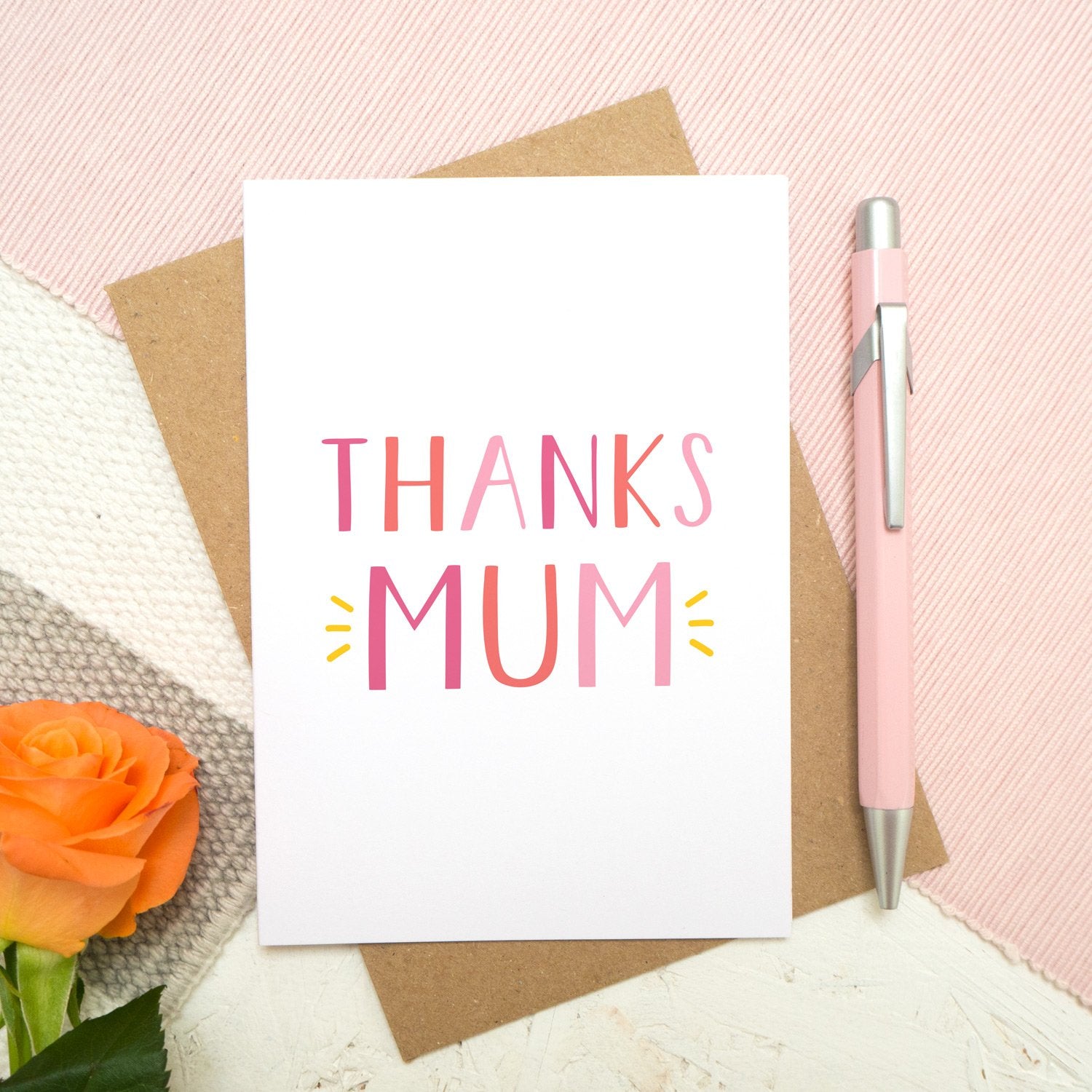 Thanks Mum - a simple typographic card in varying tones of pink with a pop of yellow. Each card comes with a kraft brown envelope. Designed and made by Joanne Hawker.