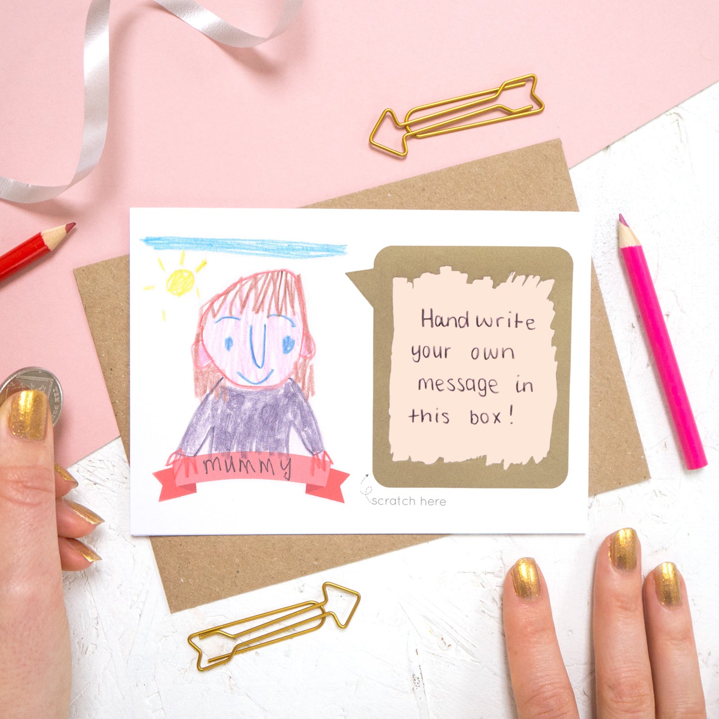 Draw your own scratch card with a hand written message of 'i love you mummy'. The card features a child like drawing of a person and the panel has been scratched off to reveal a hand written message.