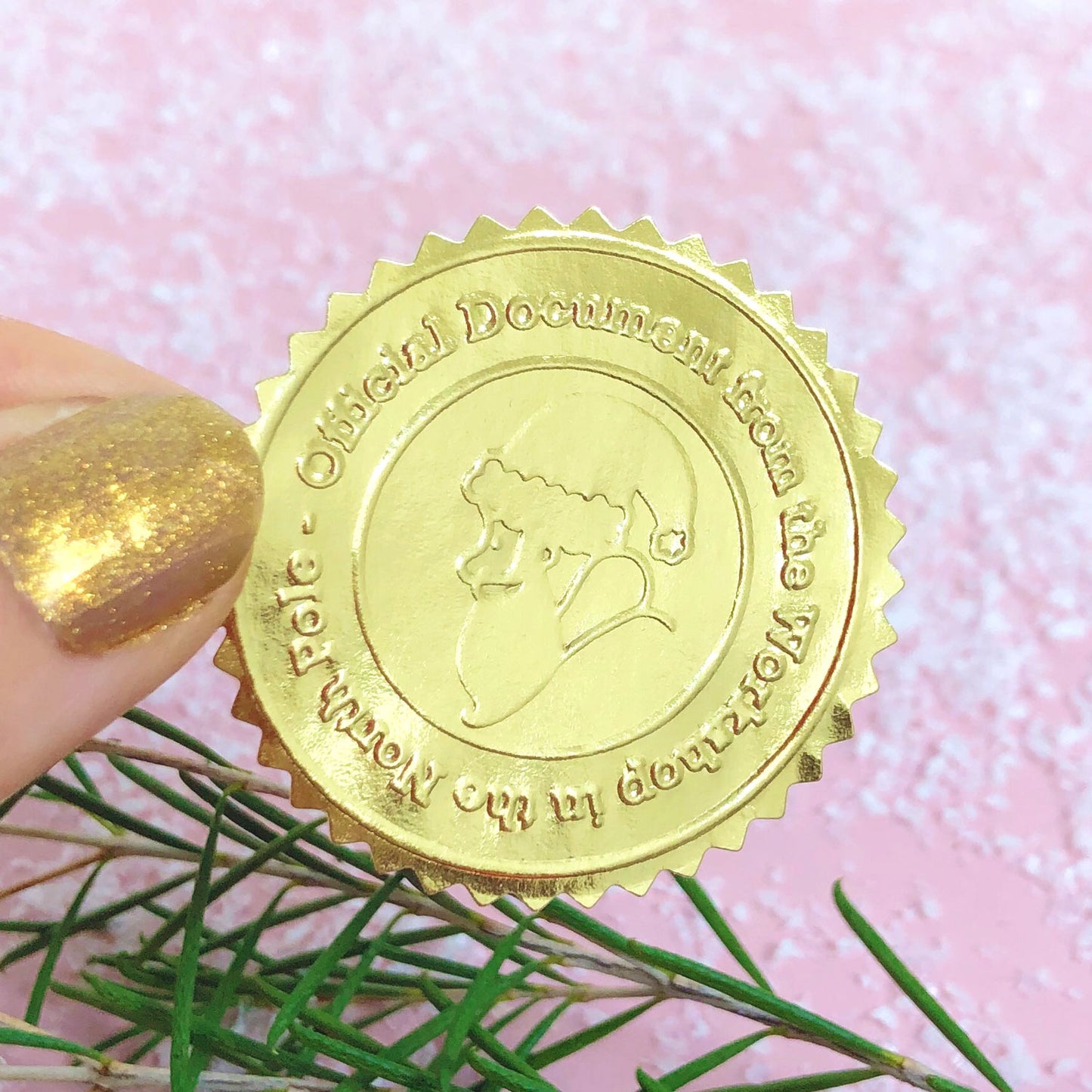 A close up of the shiny gold seal featuring the face of the Father Christmas character. Around the edge it reads: "Official Document from the workshop in the North Pole!" This has been photographed held over a pink background with foliage at the bottom.