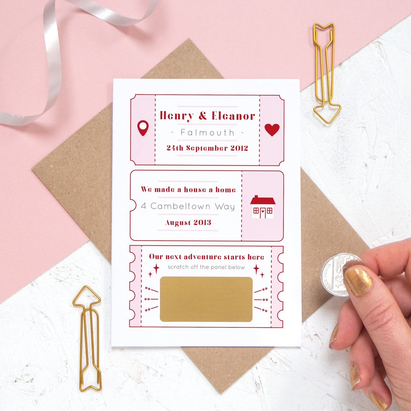 A personalised will you marry me scratch card where the question is hidden under a golden panel ready to be revealed. The card details special moments such as when you first met and where you first lived together.