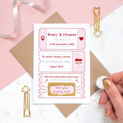 A personalised will you marry me scratch card where the question has been scratched off. The card details special moments such as when you first met and where you first lived together.