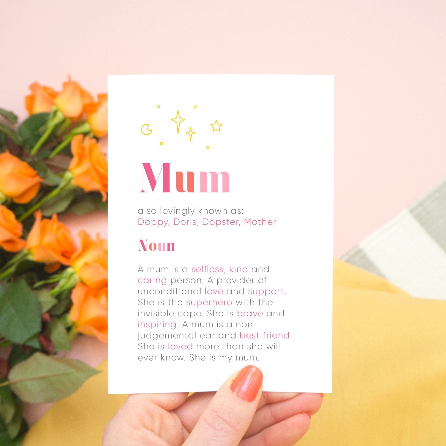 A personalised mum dictionary definition card by Joanne Hawker featuring personalised nicknames and a definition tailored to your mum!