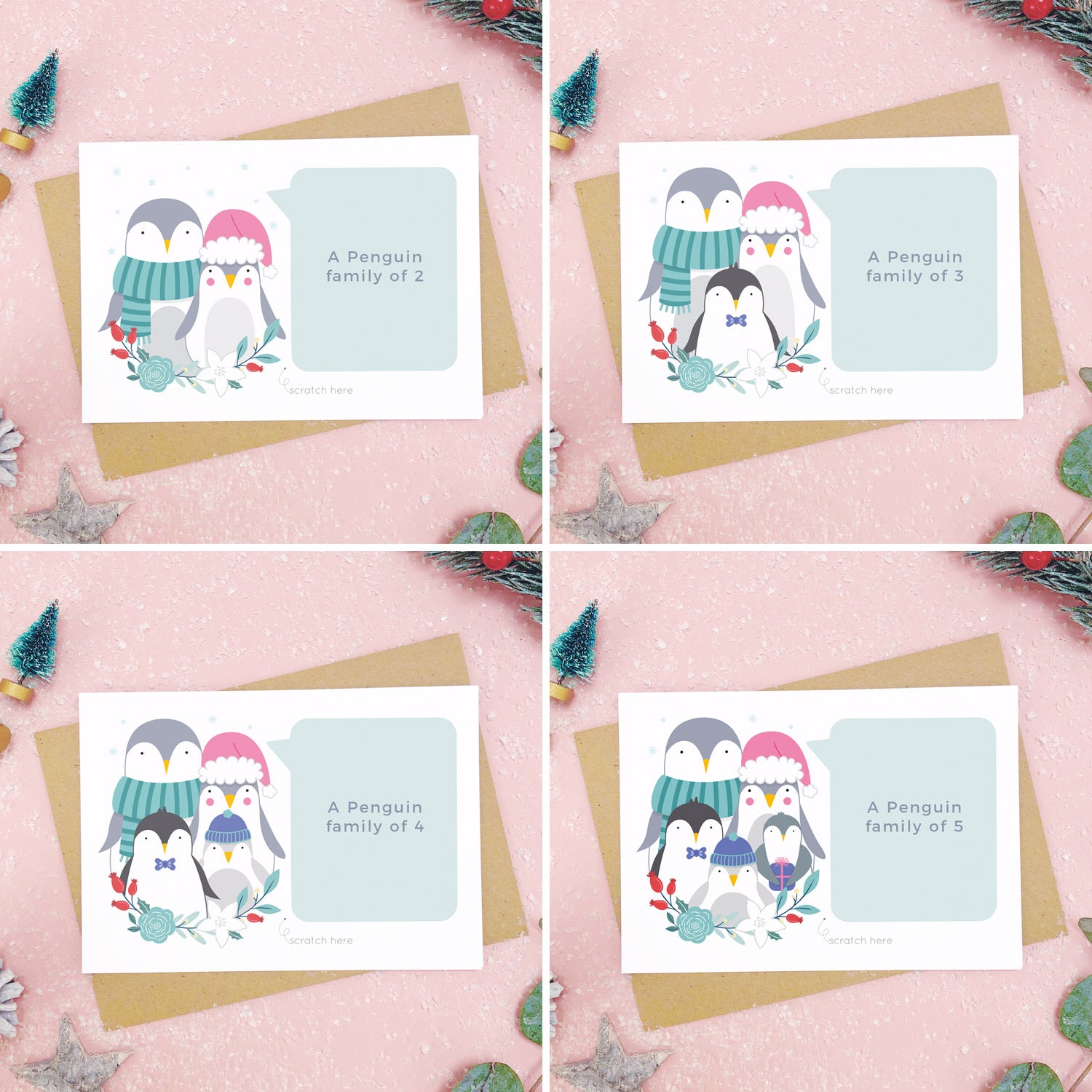 A combination of images each showing an example of what a family of 2, 3, 4, or 5 penguins looks like. Each shot on a pink background with festive props and sprinkles of snow.
