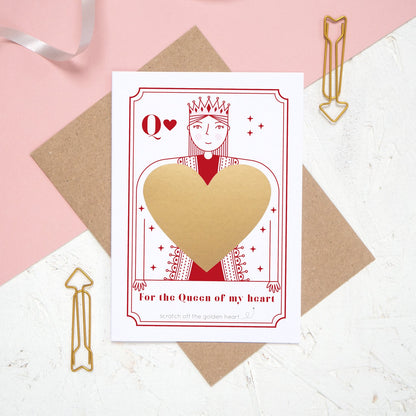 A Queen of my heart scratch card after the gold panel has been applied and before the message has been revealed. 