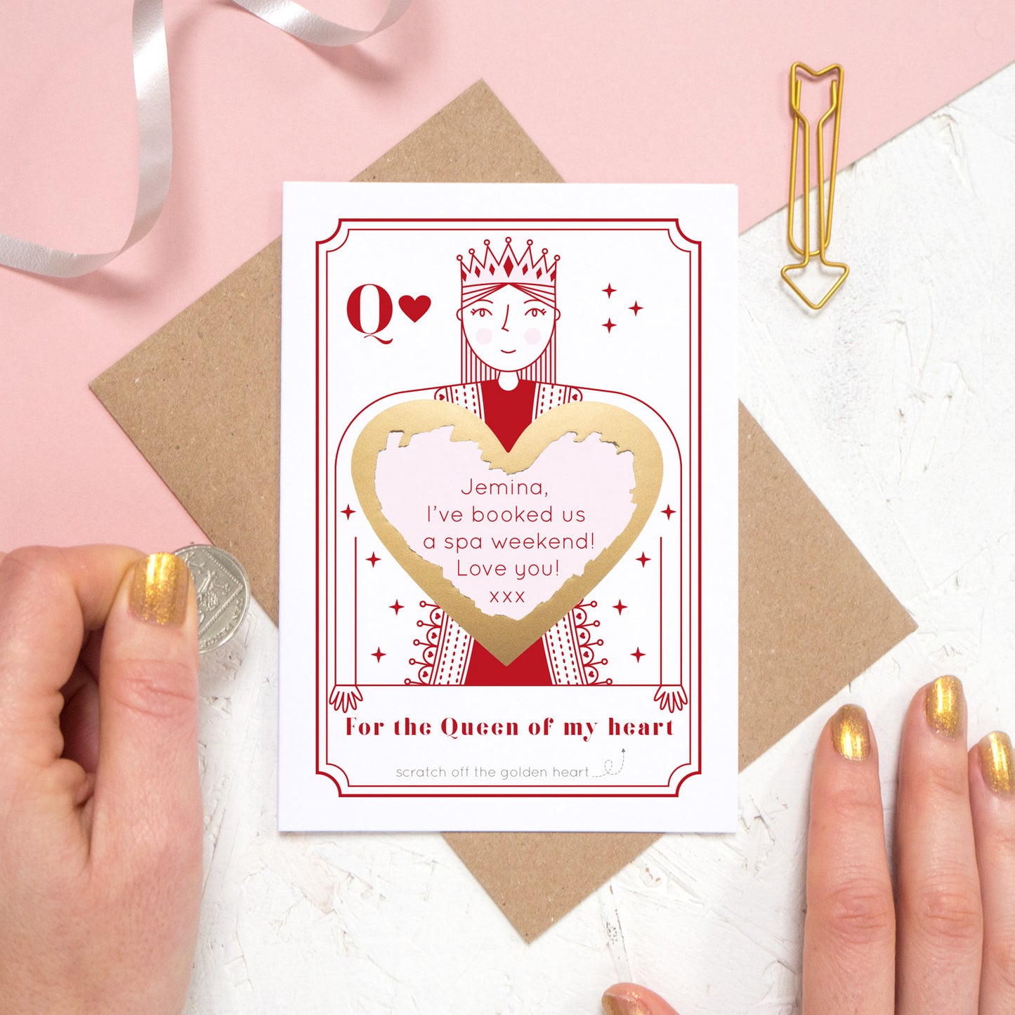A queen of heart scratch card showing you where your printed personalisation will go on the card. The card has been scratched off.
