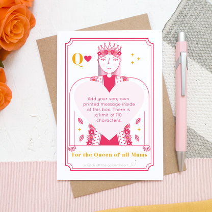For the queen of all mums! A scratch card by Joanne Hawker featuring a bright pink queen and a printed message before the gold heart is applied.