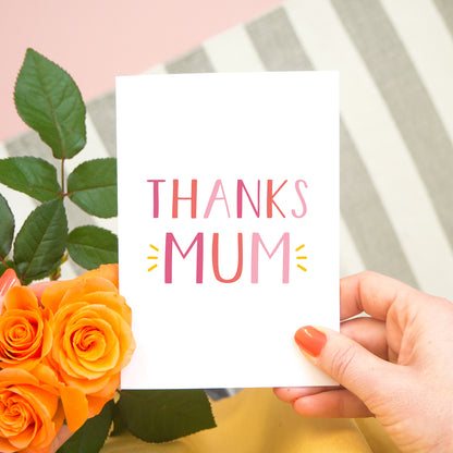 Thanks Mum - a simple typographic card in varying tones of pink with a pop of yellow. Designed and made by Joanne Hawker