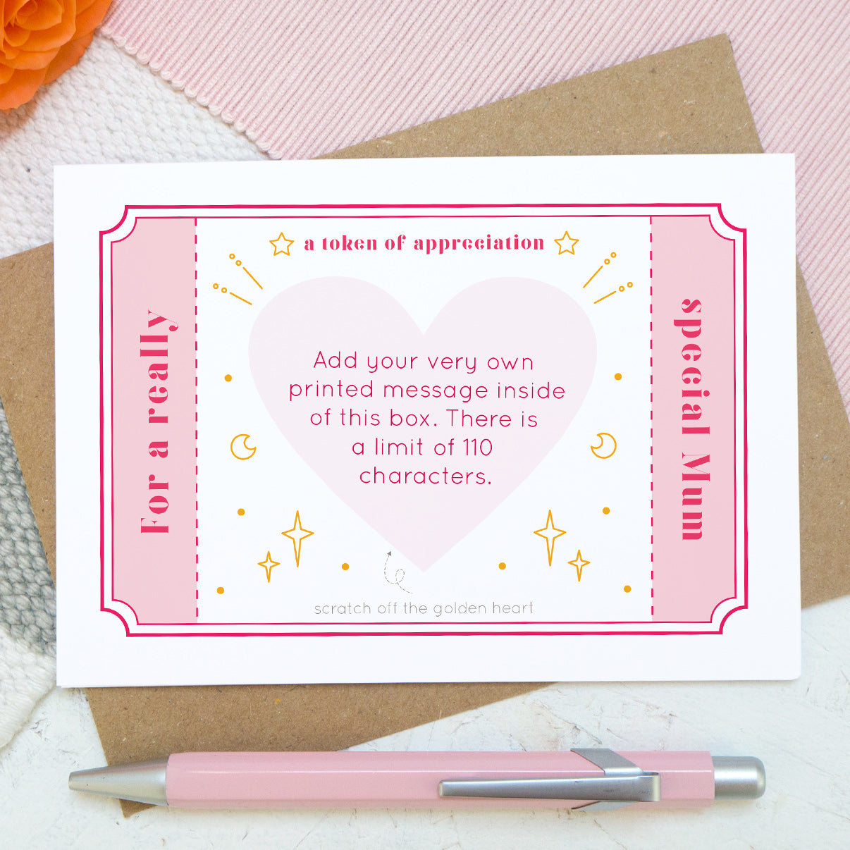 A token of appreciation scratch card by Joanne Hawker featuring a pink token and the words 'for a really special mum'. In the centre is a pink heart showing what a printed message could look like.